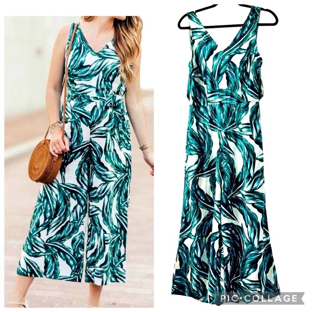 Who What Wear Open Back Sleeveless Wide Leg Jumpsuit Women’s SZ XS Palm Leaf